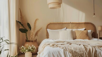 A beautiful bedroom with a wicker headboard, white bedding, and lots of natural light