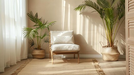 A beautiful living room with a comfortable chair, a rug, and two potted palm trees