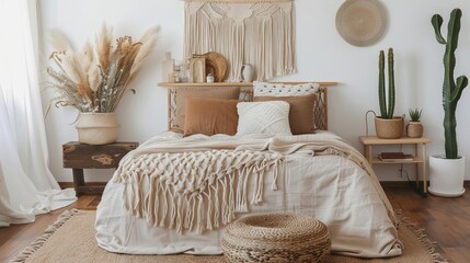 A cozy bedroom boho style with a bed, rug, and various decorations