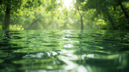 Fototapeta premium A vibrant green forest with abundant water, reflecting the surrounding foliage on its emerald surface