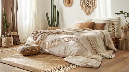 Bedroom boho style with neutral and warm colors 
