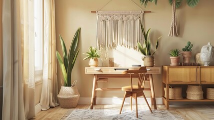 Warm and inviting home office with natural light, plants, and a cozy boho vibe