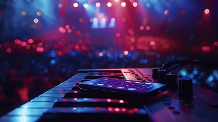 A mobile device tailored for music production, with studio-grade audio features and music composition apps, against a softly blurred concert hall backdrop, inspiring musical creativity