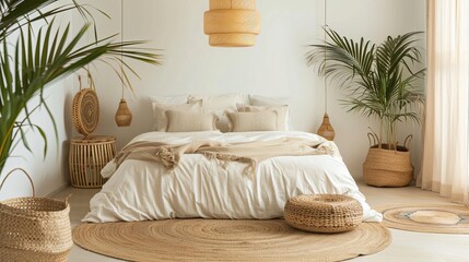Bedroom boho style with white walls and cream bedding