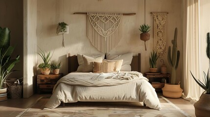 A bedroom boho style with a bed, a rug, a tapestry, and some plants