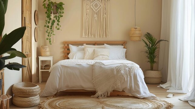 Warm and inviting bedroom boho style with a neutral color palette