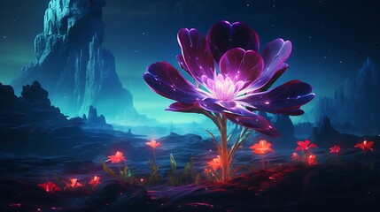 A vibrant neon flower blooming amidst a digital landscape