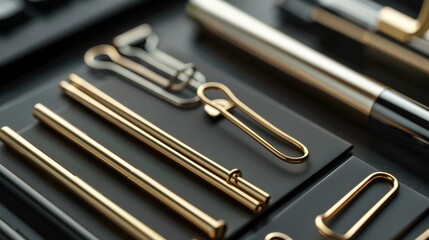 High-resolution close-up of minimalist office supplies, featuring staples in a modern composition, highlighting everyday elegance