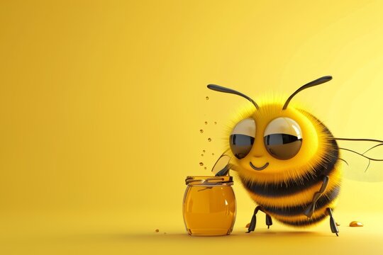 abeja con tarro de miel sobre fondo amarillo. dibujos animados