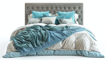 Elegant bedroom design with a large bed, soft turquoise pillows, and a warm blanket, perfectly isolated on a clean white background