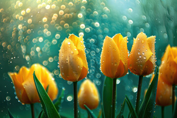 Bunch of yellow flowers covered in water droplets