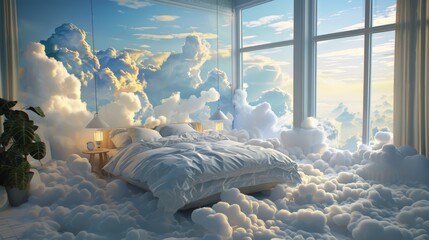 Heavenly bedroom setup with a comfortable bed surrounded by fluffy clouds, offering a peaceful retreat for ultimate relaxation at bedtime