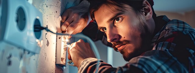 close-up of a man repairing an outlet