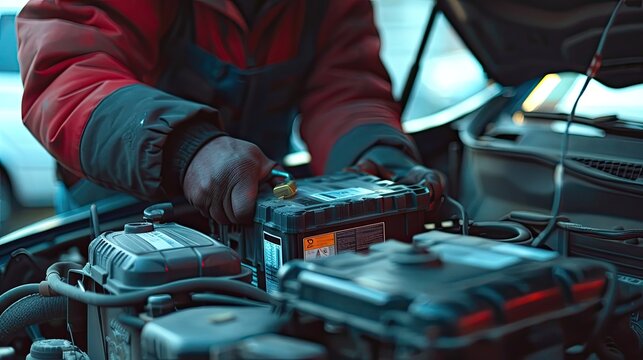 close-up of a man replacing a car battery