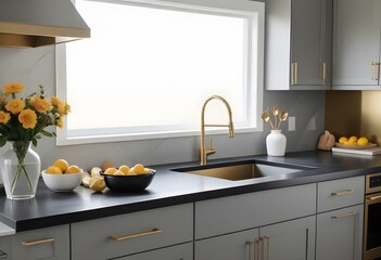  A modern kitchen with gray cabinets, a black countertop, a gold faucet, and a large window overlooking the outdoors