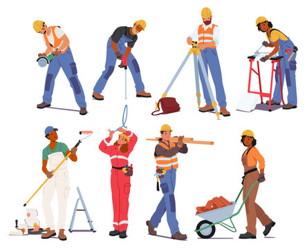 Diverse Team Of Construction Workers In Colorful Uniforms And Hardhats Use Various Tools And Equipment. Building Trade