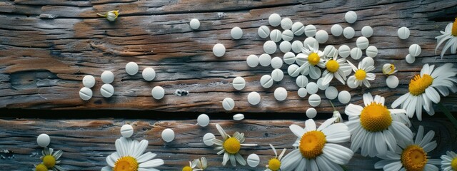 bady pills with chamomile flowers chamomile close-up - obrazy, fototapety, plakaty