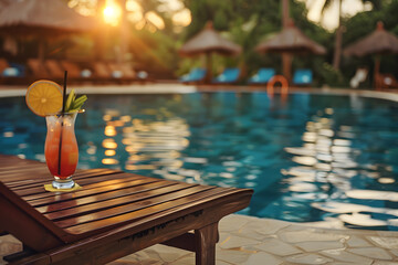 Swimming pool and sun loungers at stylish tropical spa hotel, summertime banner mockup. Summer...