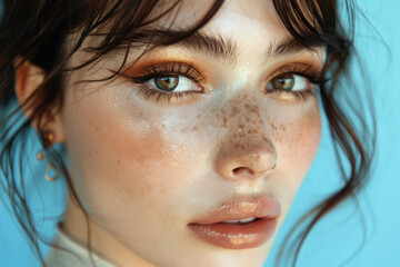 Close up view of a woman with freckles on her face