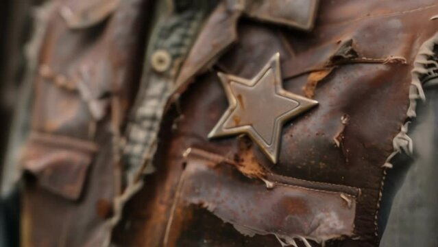 A rusted tarnished sheriffs star badge hanging off a frayed leather vest 2d flat cartoon.