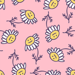 Hand drawn sad chamomile flowers seamless pattern in simple doodle style. Perfect print for tee, paper, textile and fabric. Summer vector illustration for decor and design.
