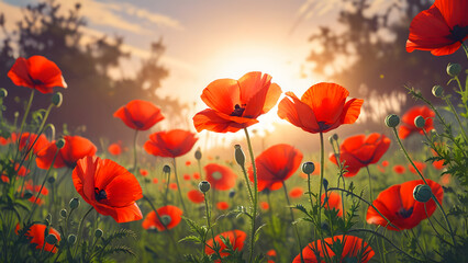 Obraz premium A field of lush red poppies illuminated by golden morning light symbolizes peace and Americans Memorial Day