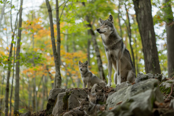 Naklejka premium Photograph of a mother gray wolf and her cubs. looking at camera