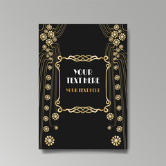 Modern Art Nuevo luxury template golden-black, A4 page, menu, card, invitation, lines flowers and city lights
