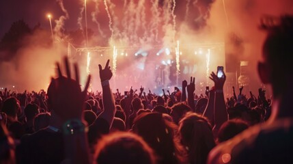 A lively crowd of people at a concert, enthusiastically raising their hands in the air, fully...
