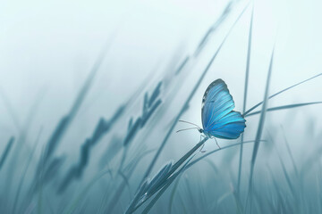 A vibrant blue butterfly perches atop a tall blade of grass in its natural habitat