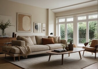 Inviting Living Room Warm Colored Furniture , couch and chair in a living room,  bay window, apartment