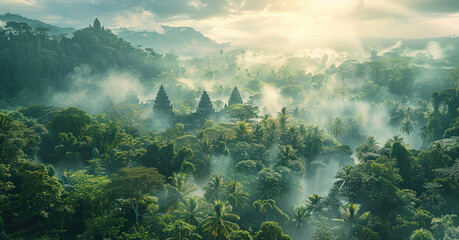 A deep mysterious jungle with temples. Aerial high view. Generative AI.