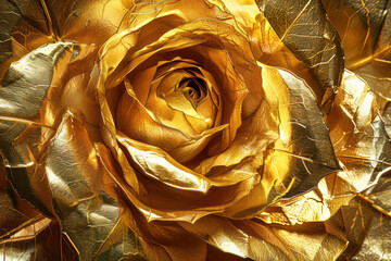 Detailed close-up view of a vibrant gold colored rose with intricate petals