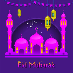 Greeting card on the Islamic holiday marking the end of the holy month of Ramadan. Eid Mubarak. Vector illustration.