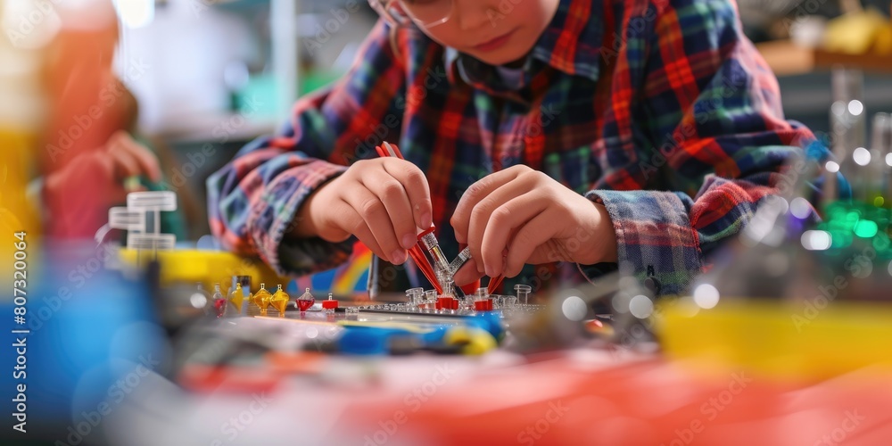 Poster close up of smart children hands learning about science by using toy in stem science lesson. skilled