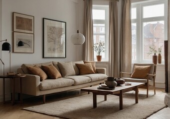 Inviting Living Room Warm Colored Furniture , couch and chair in a living room,  bay window, apartment