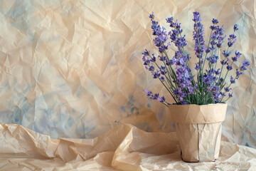 A  lavender plant in a pot placed on a table covered with brown paper