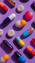 A colorful array of pills are spread out on a purple background