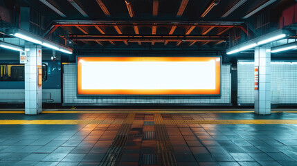 Blank billboard white screen posters in the subway station for advertising. Generative AI.