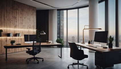 Contemporary Workspace, Minimalist Office Design with Ergonomic Furnishings and Inspiring Views