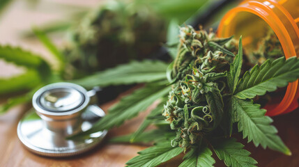 A medical stethoscope is positioned next to a healthy marijuana plant, symbolizing the relationship between medicine and cannabis