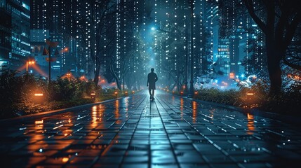 Converging Physical and Cyber Security, walking in park at night. Generative AI.