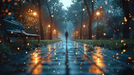 Converging Physical and Cyber Security, walking in park at night. Generative AI.