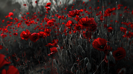Numerous red poppies bloom amongst the grass in a monochromatic field setting