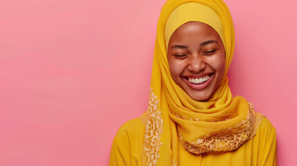 A positive Muslim woman happily smiles while wearing a traditional yellow hijab