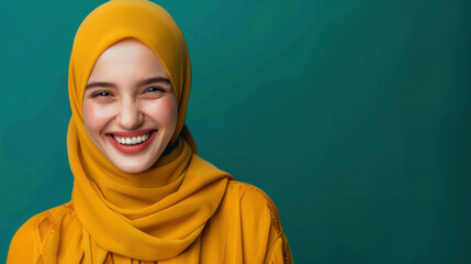 A positive Muslim woman smiling happily while wearing a traditional yellow hijab