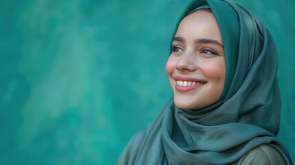 A Muslim woman joyfully smiles at the camera while wearing a traditional headscarf