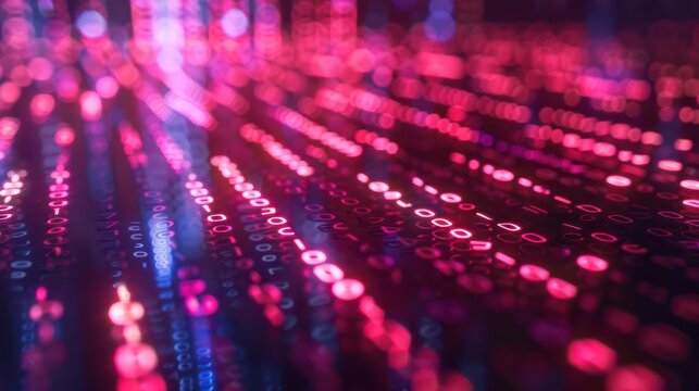 Binary code flowing across the screen in pink and blue hues.