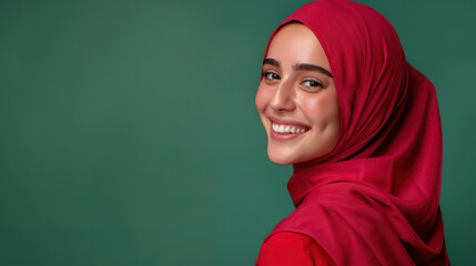 A woman wearing a red hijab smiles at the camera