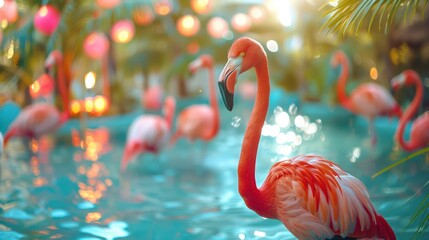 Fototapeta premium Pink flamingos in a blue water pool with a blurred background of palm trees and pink lanterns.